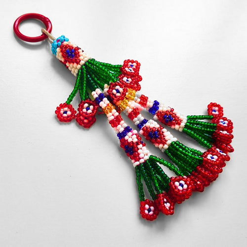 RED WITH FLOWERS POMPON BAG CHARM